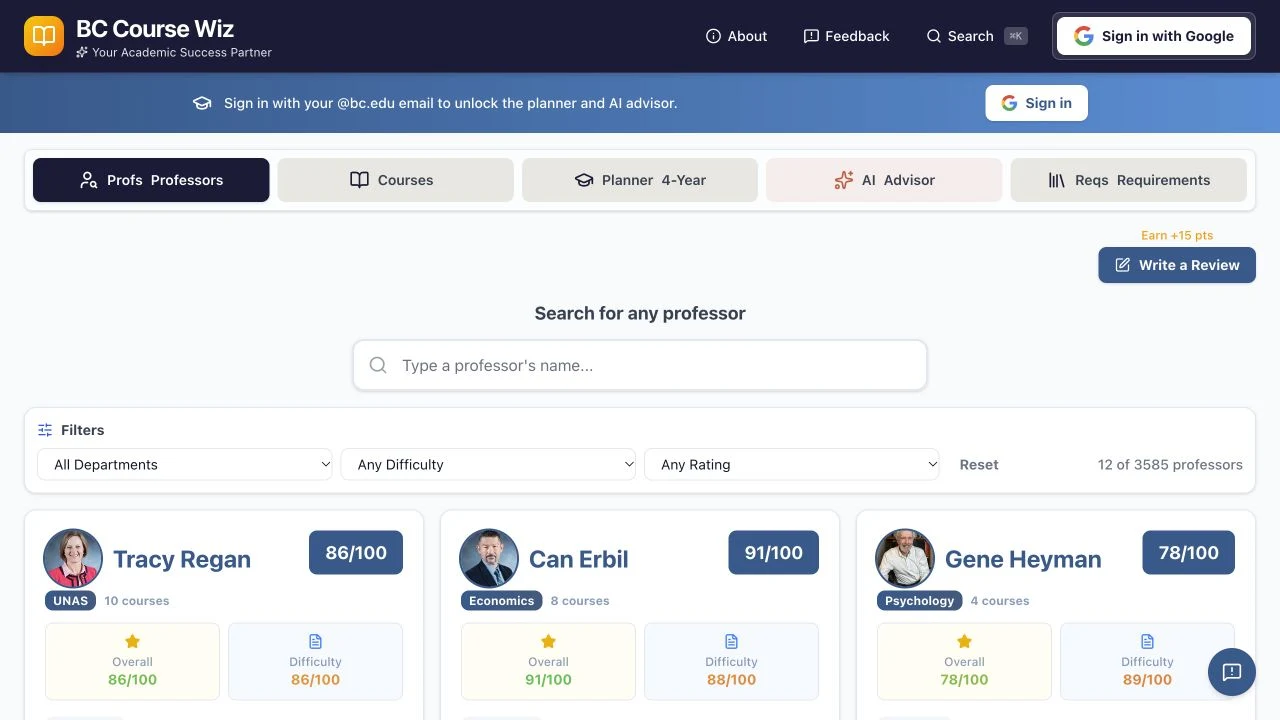 BC Course Wiz course and professor discovery interface